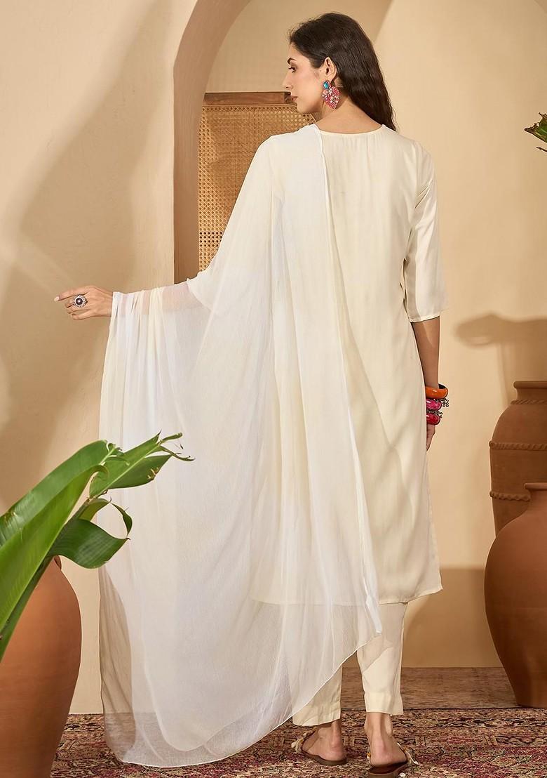 Cream Embroidered Blended Kurta Set - Indya