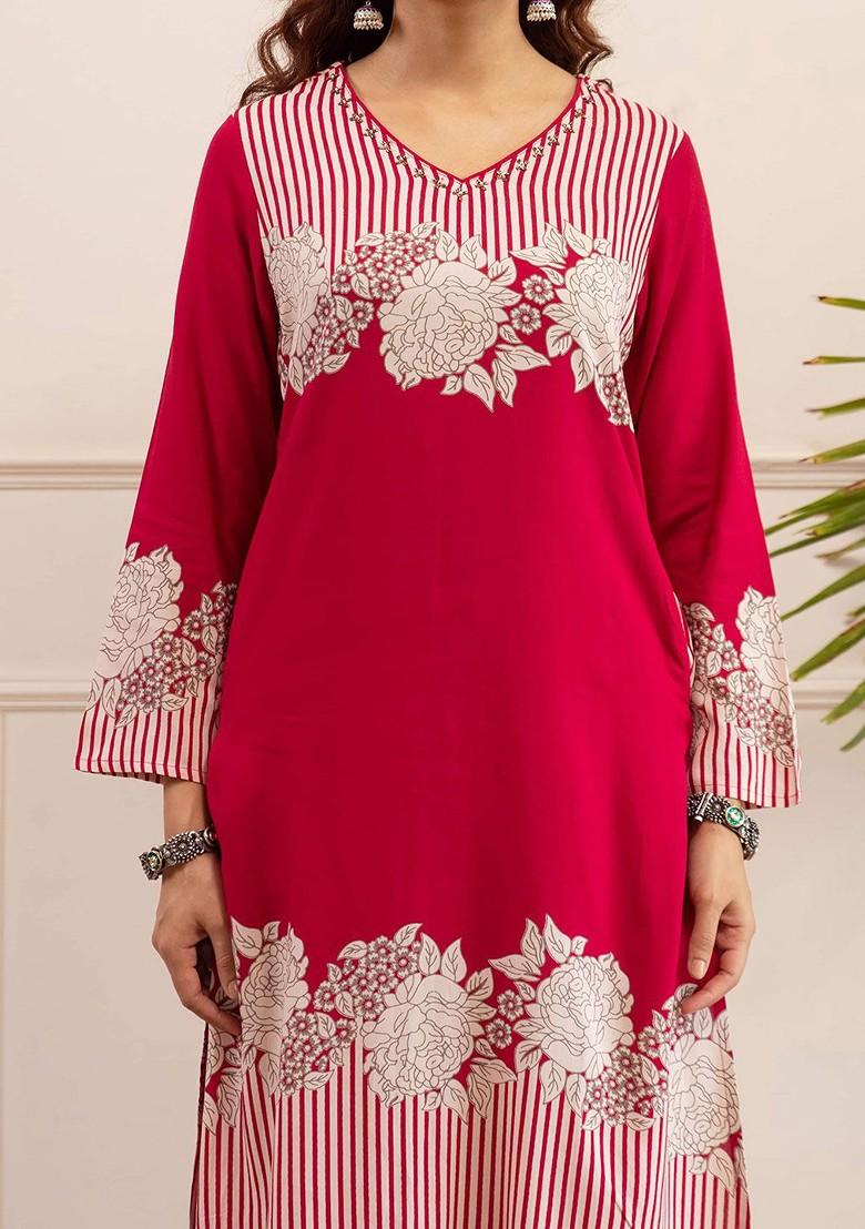 Pink Printed Blended Kurta Set - Indya