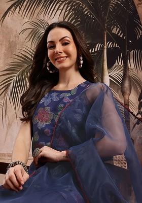 Navy Blue Printed Blended Kurta Set