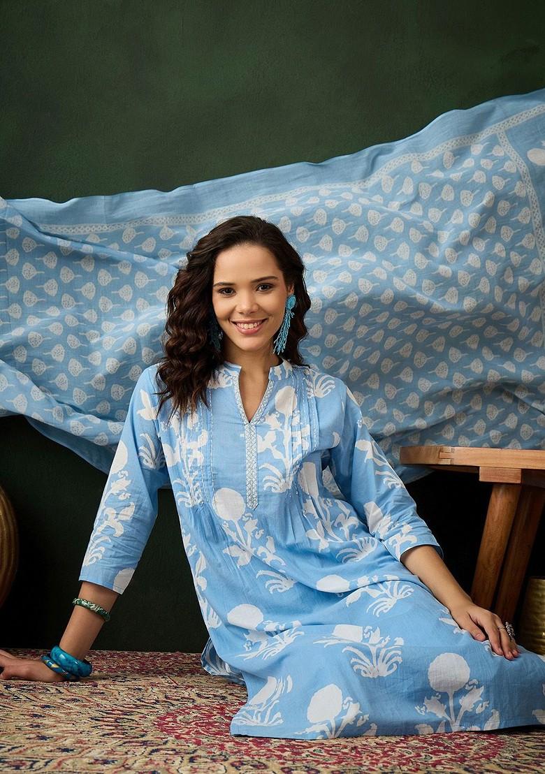Blue Printed Blended Kurta Set - Indya