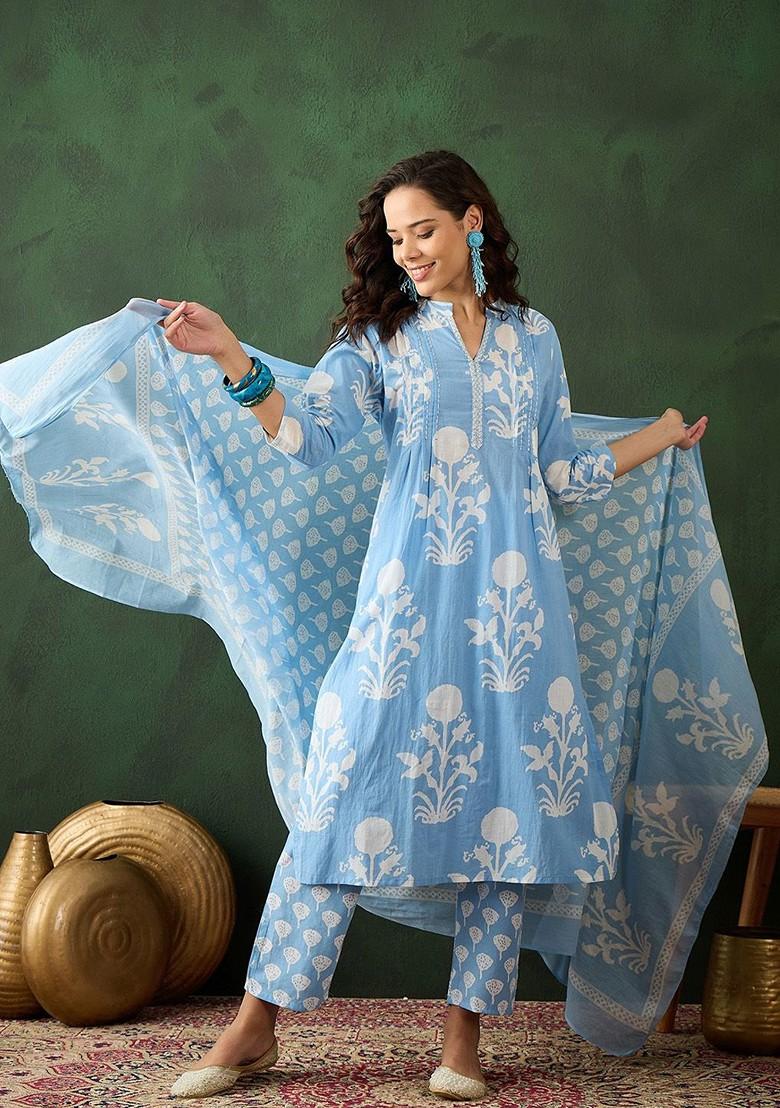 Blue Printed Blended Kurta Set - Indya