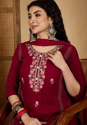 Magenta Embroidered Blended Kurta Set