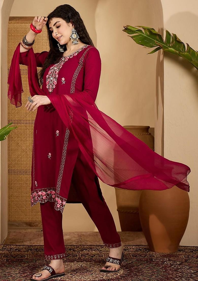 Magenta Embroidered Blended Kurta Set - Indya