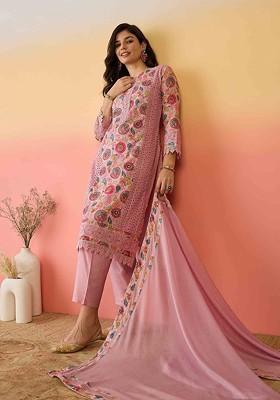 Pink Embroidered Blended Kurta Set