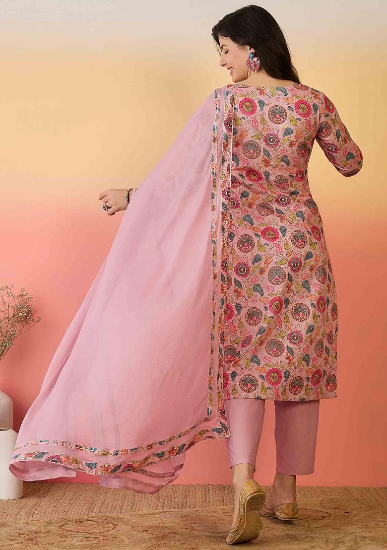 Pink Embroidered Blended Kurta Set - Indya