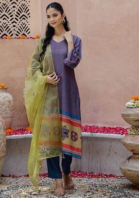 Blue Striped Blended Kurta Set