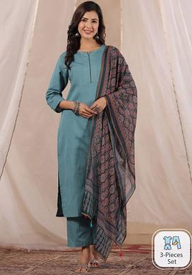 Turquoise Blue Printed Blended Kurta Set