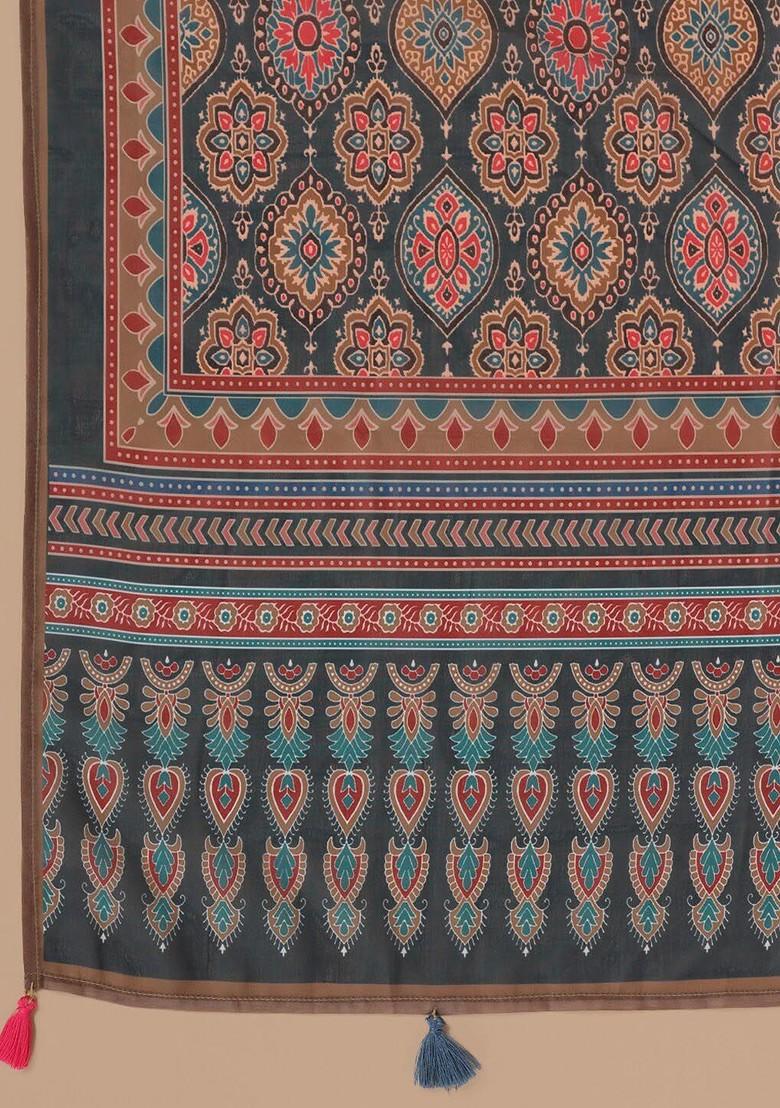 Turquoise Blue Printed Blended Kurta Set - Indya