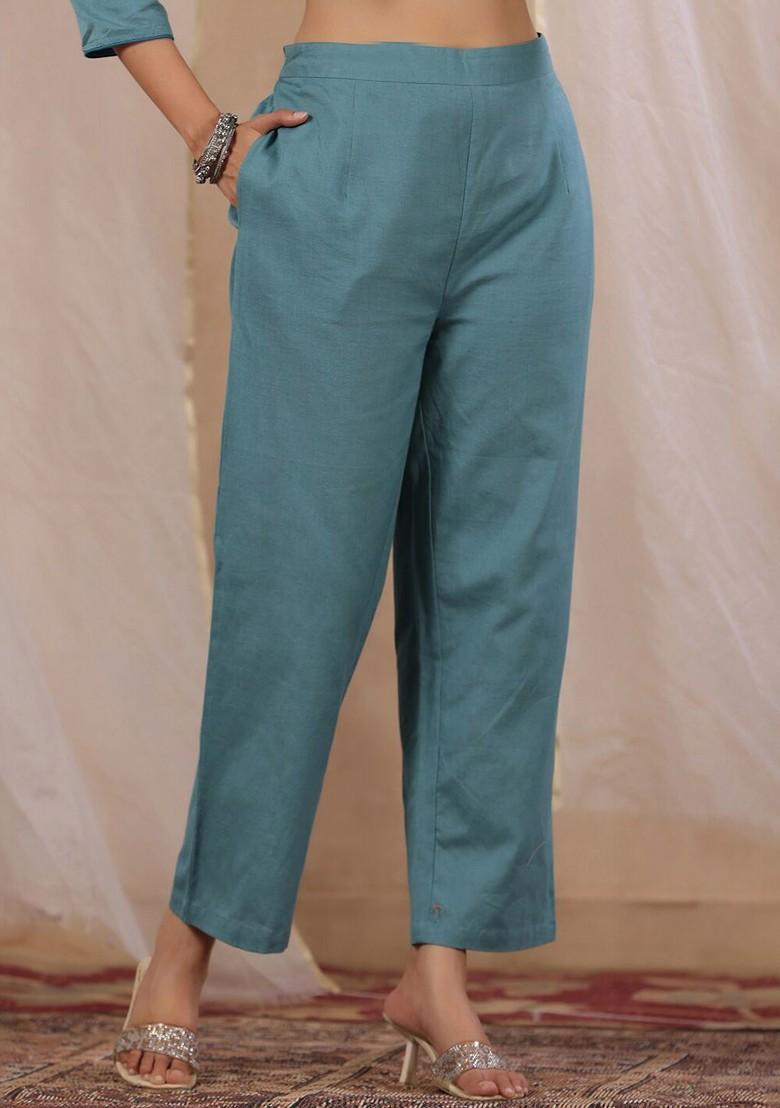 Turquoise Blue Printed Blended Kurta Set - Indya