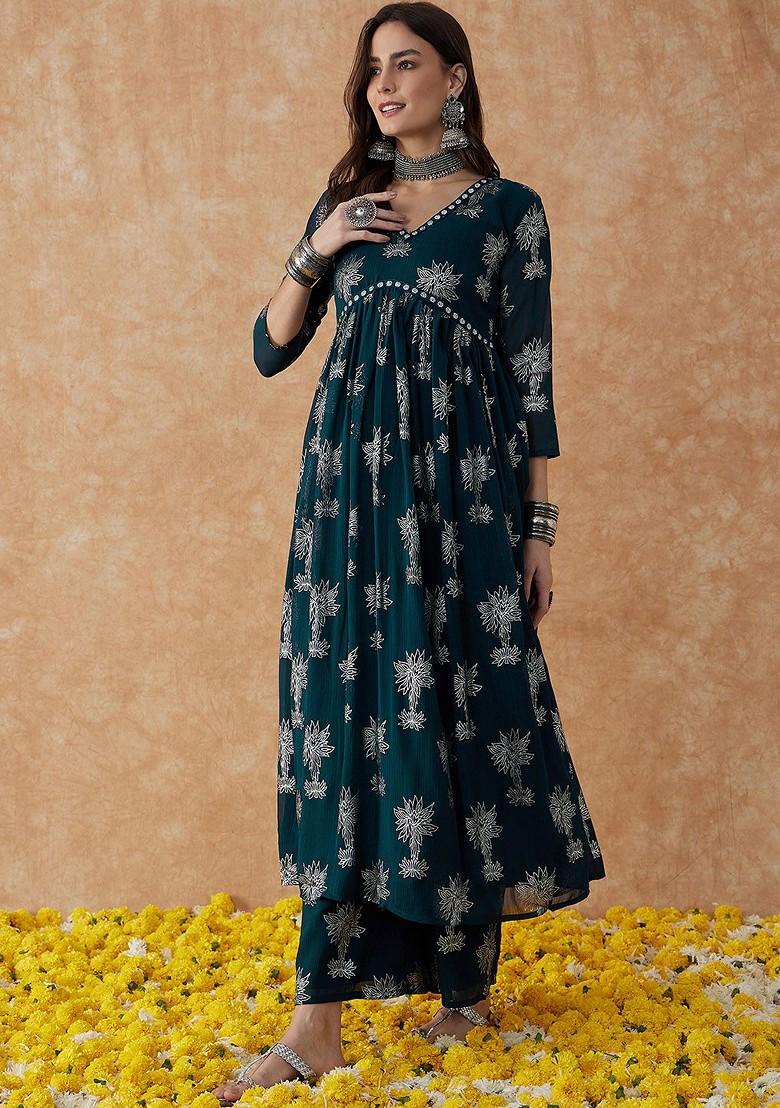Teal Printed Blended Kurta Set - Indya