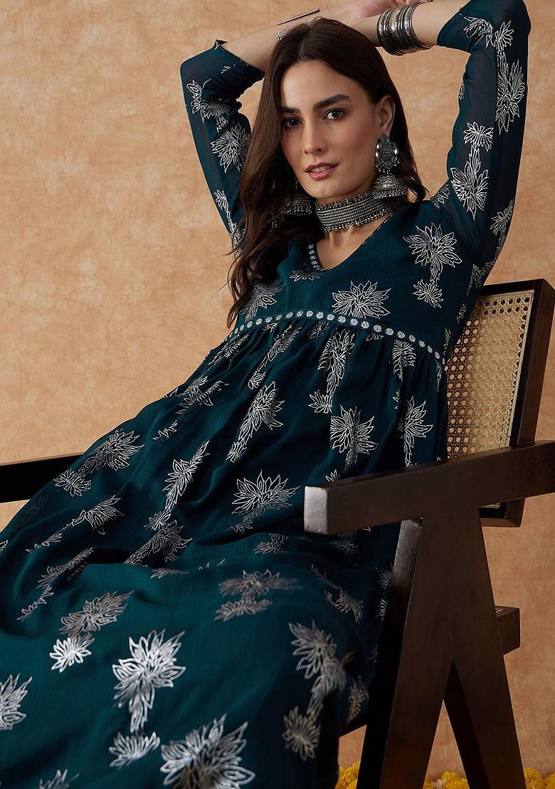 Teal Printed Blended Kurta Set - Indya
