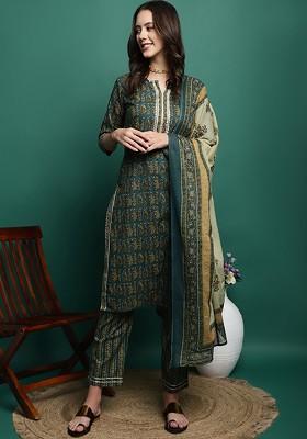Olive Printed Blended Kurta Set