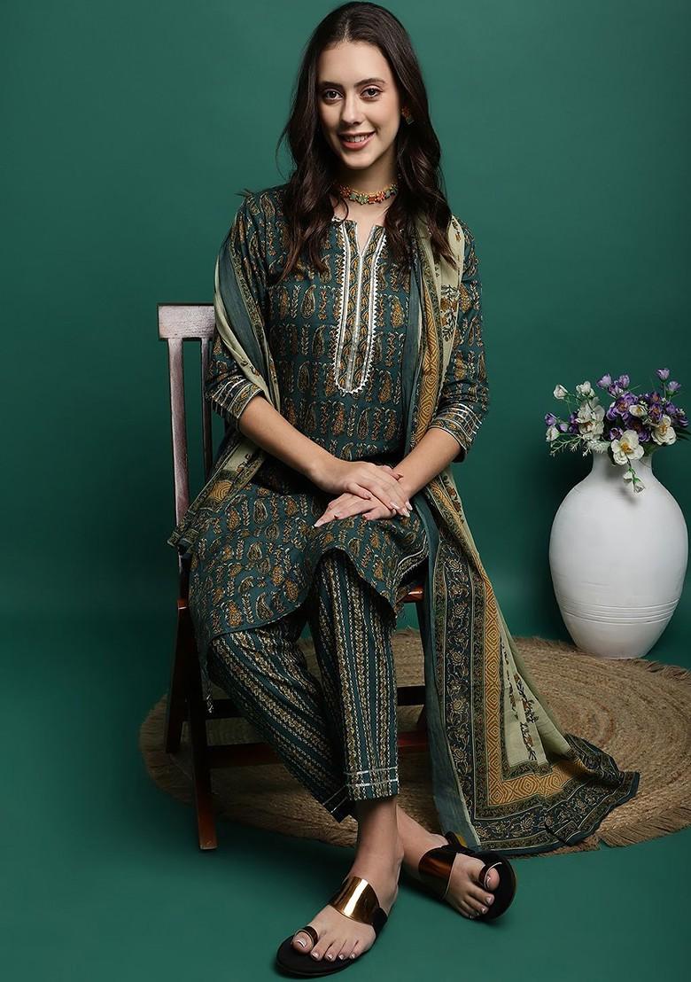 Olive Printed Blended Kurta Set - Indya