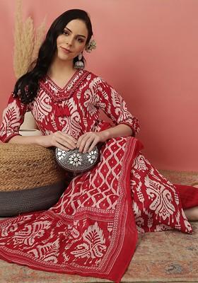 Red Printed Blended Kurta Set