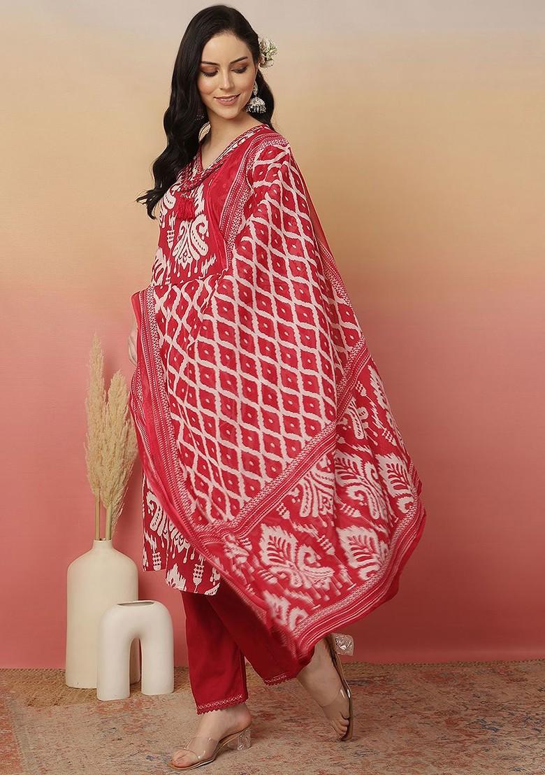 Red Printed Blended Kurta Set - Indya