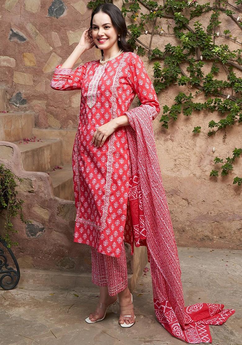 Fuchsia Printed Blended Kurta Set - Indya