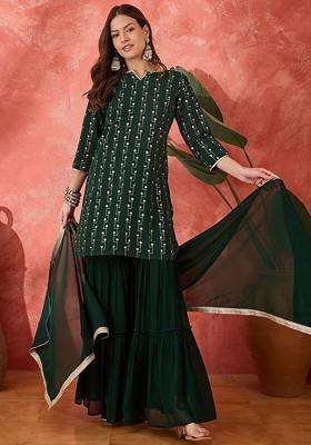 Green Embroidered Blended Kurta Set