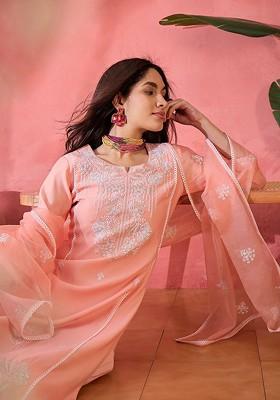 Peach Embroidered Blended Kurta Set