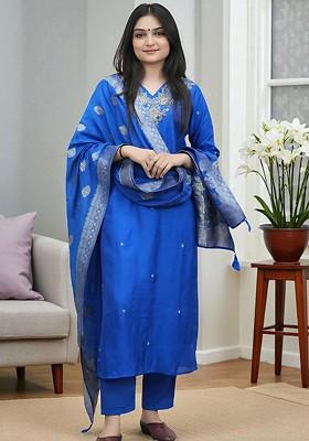 Blue Embroidered Blended Kurta Set