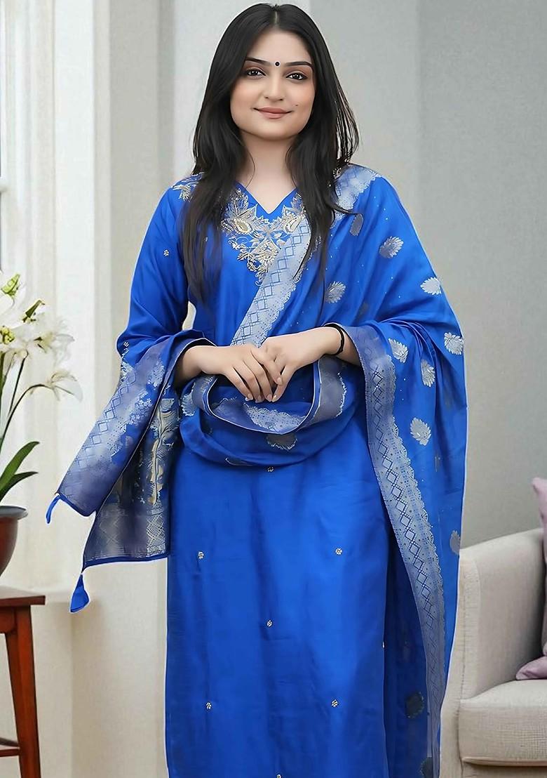 Blue Embroidered Blended Kurta Set - Indya