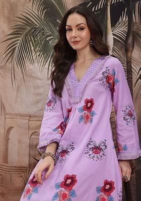 Lavender Printed Blended Kurta Set