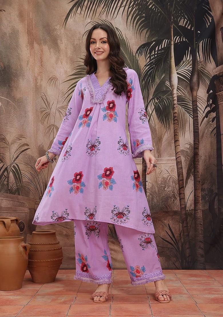 Lavender Printed Blended Kurta Set - Indya