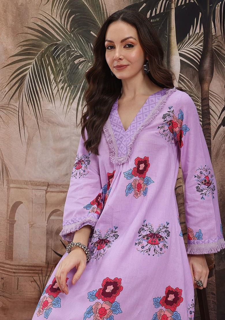 Lavender Printed Blended Kurta Set - Indya