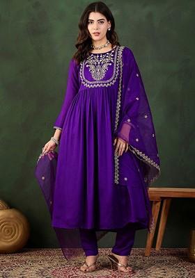Purple Embroidered Blended Kurta Set