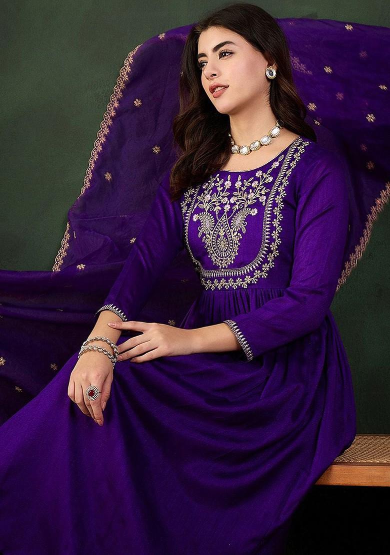 Purple Embroidered Blended Kurta Set - Indya