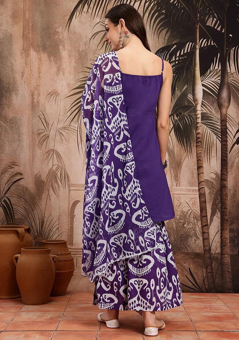 Purple Printed Blended Kurta Set - Indya