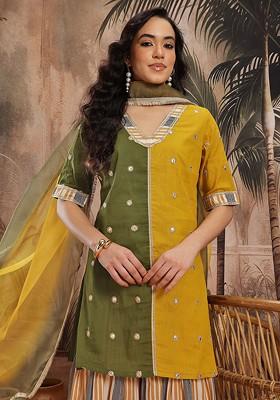 Green Embroidered Blended Kurta Set