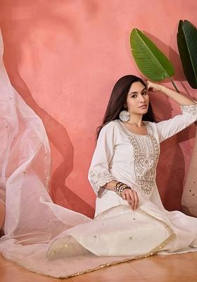 Off White Embroidered Blended Kurta Set
