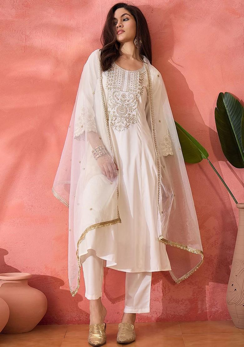 Off White Embroidered Blended Kurta Set - Indya