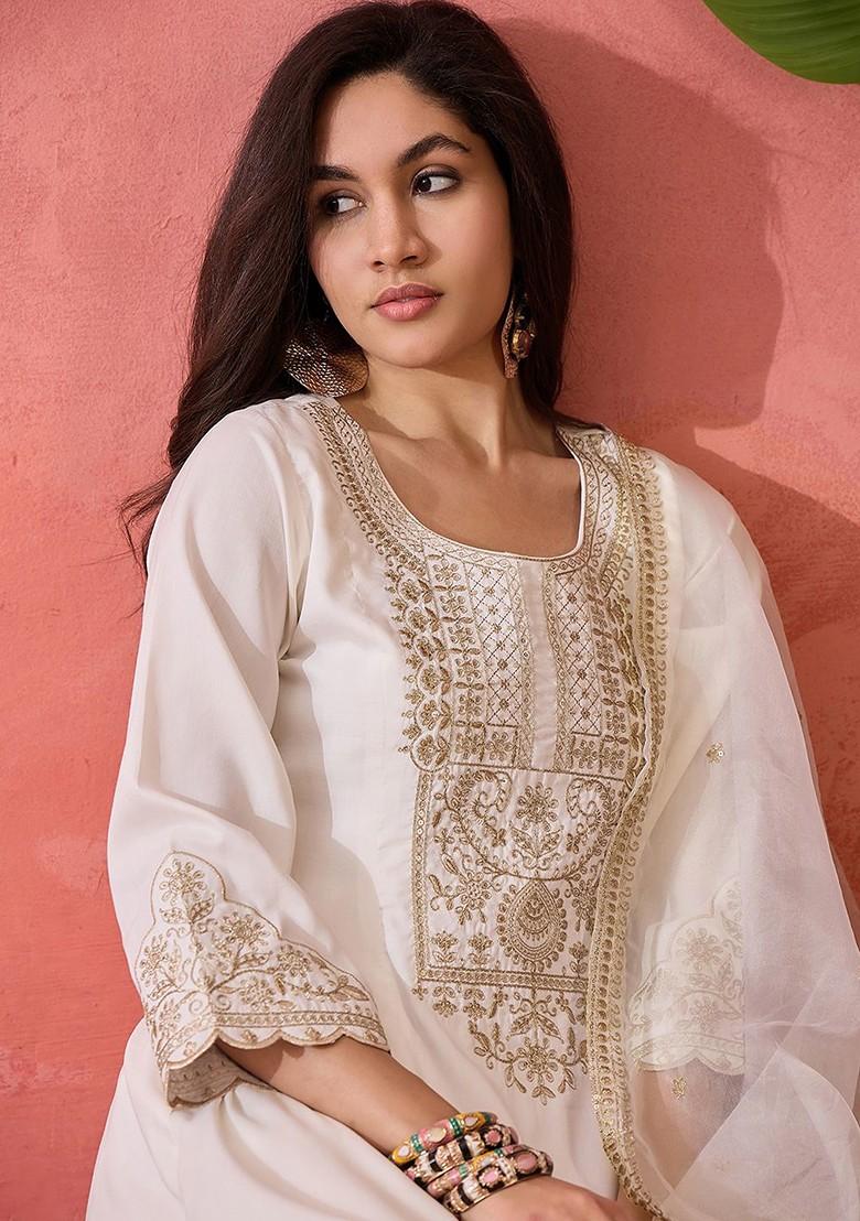 Off White Embroidered Blended Kurta Set - Indya