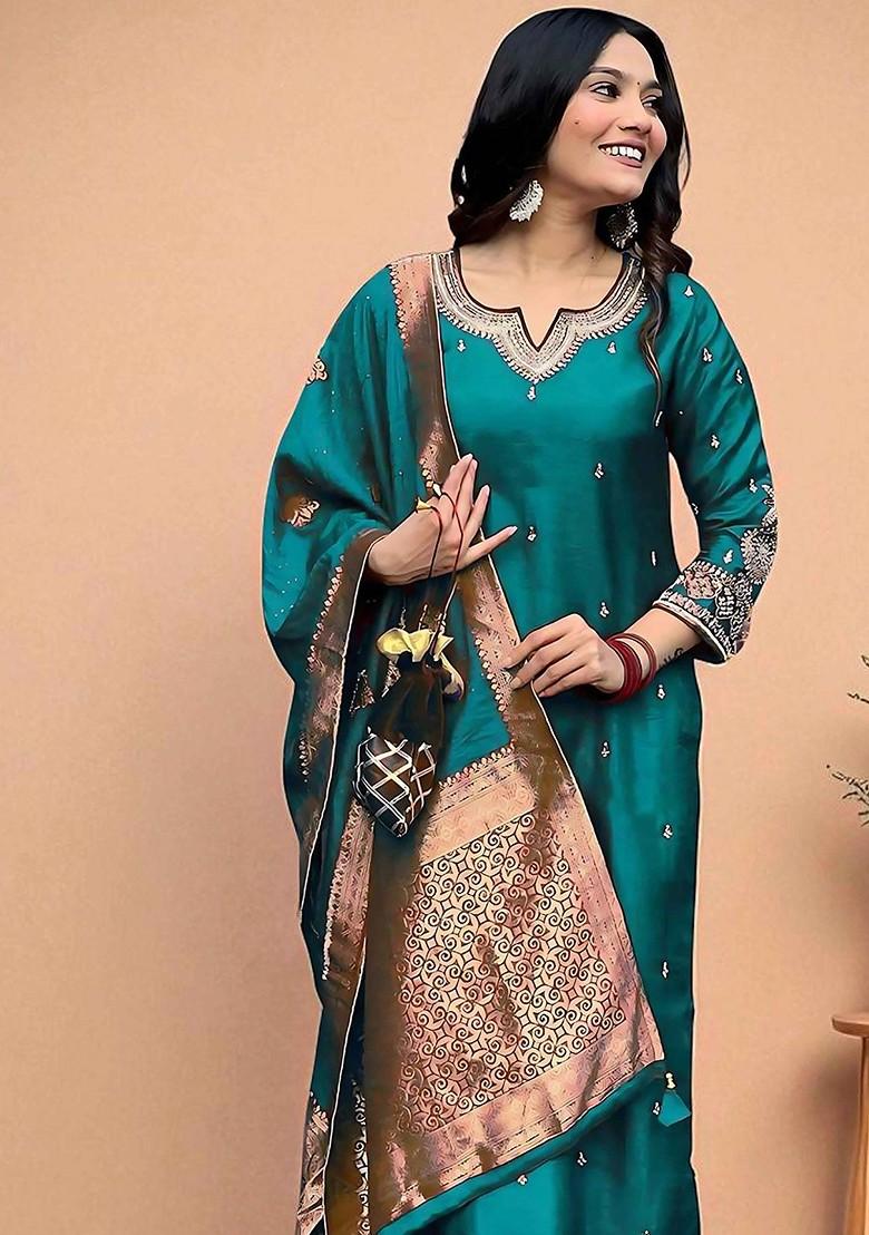 Green Embroidered Blended Kurta Set - Indya