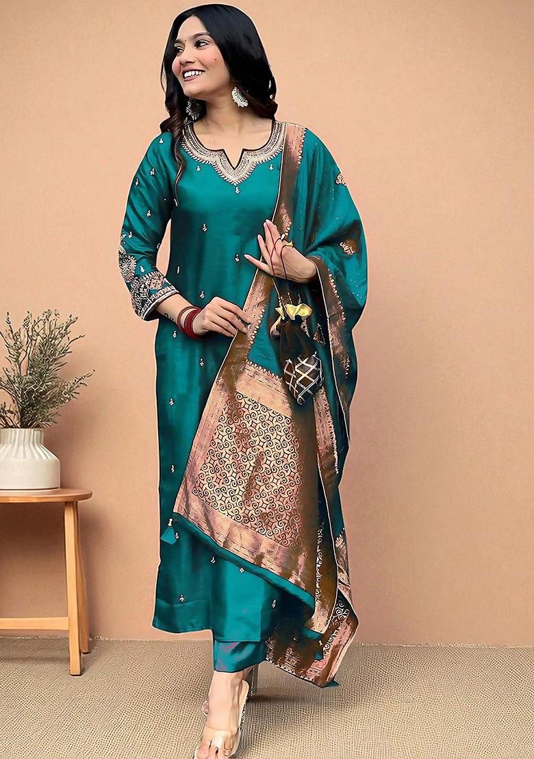 Green Embroidered Blended Kurta Set - Indya