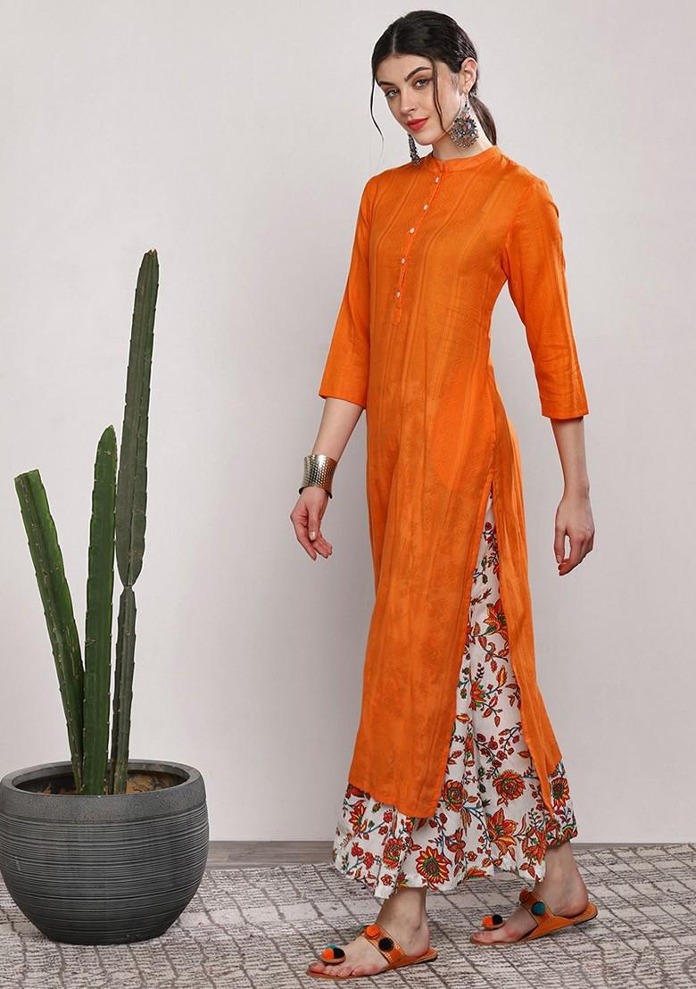 Orange Solid Blended Kurta Set - Indya