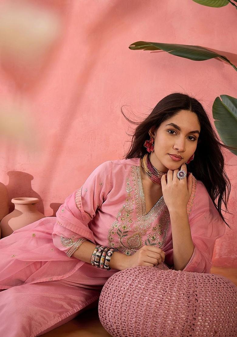 Pink Embroidered Blended Kurta Set - Indya