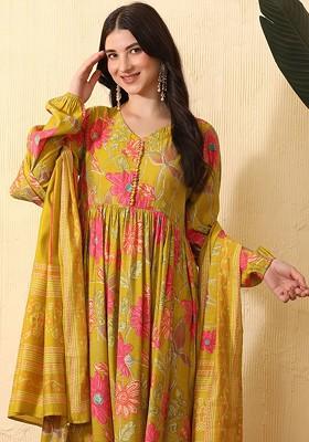 Mustard Printed Blended Kurta Set