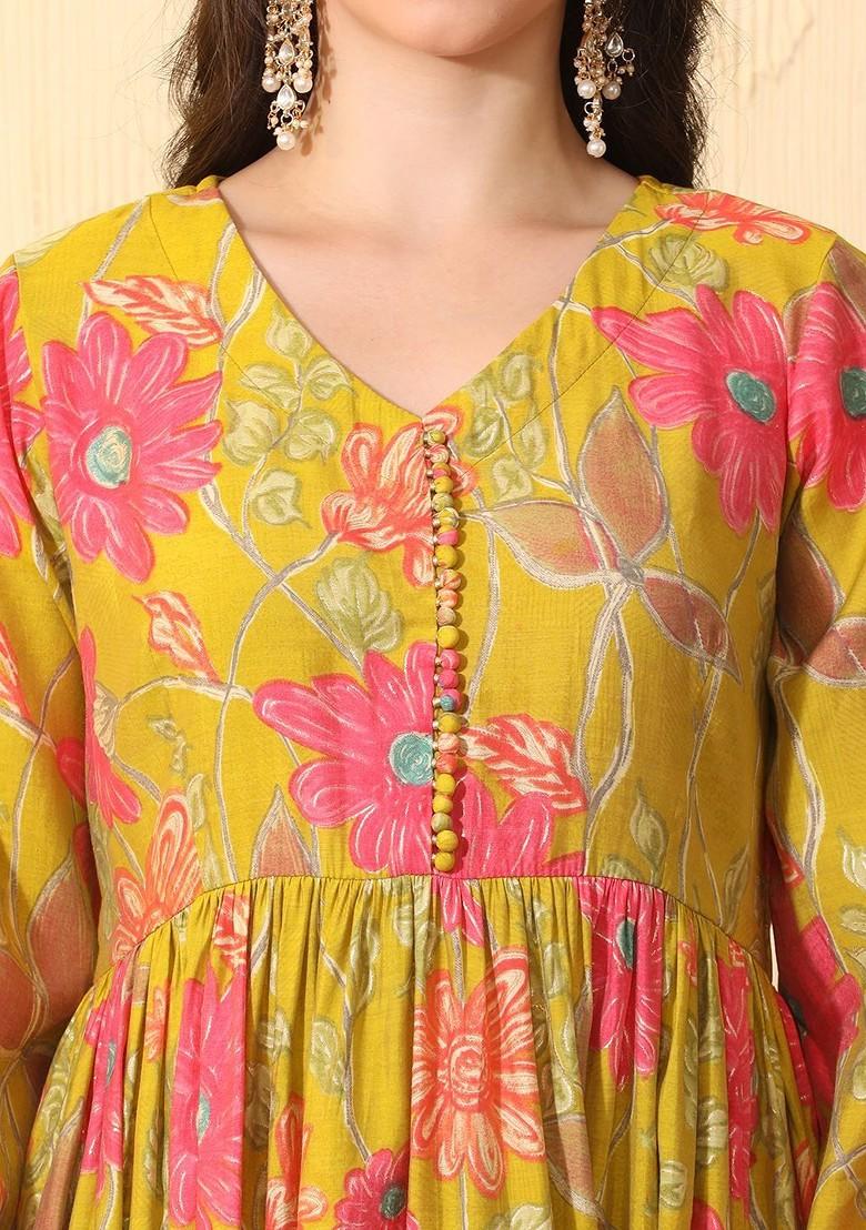 Mustard Printed Blended Kurta Set - Indya