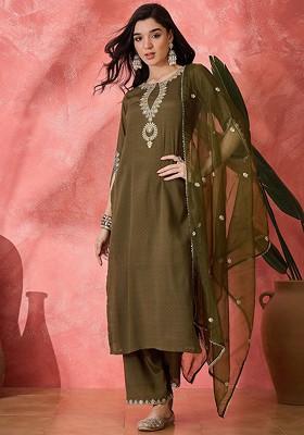Olive Sequinned Blended Kurta Set