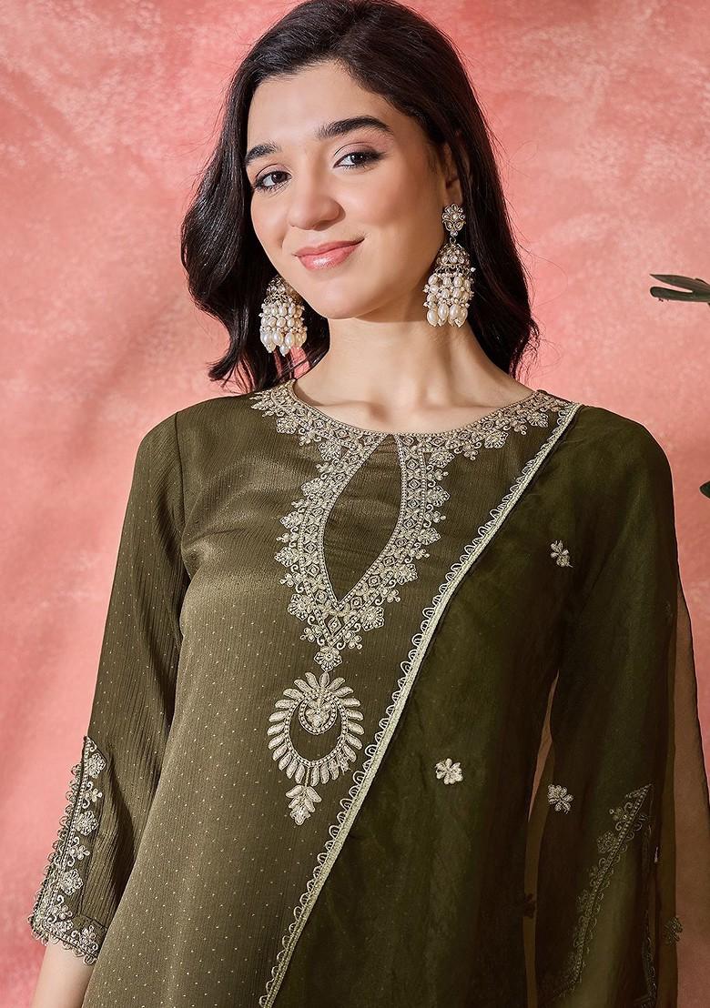 Olive Sequinned Blended Kurta Set - Indya