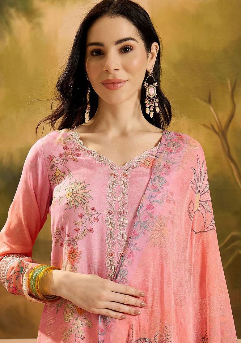 Pink Embroidered Blended Kurta Set - Indya
