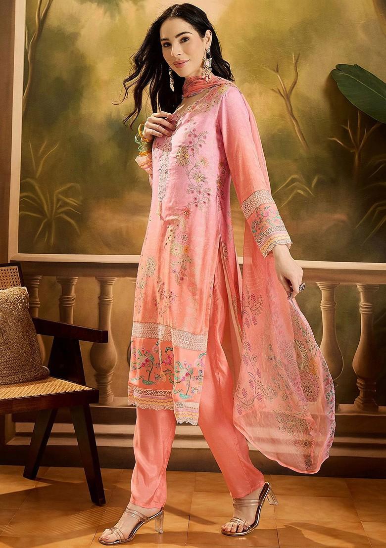 Pink Embroidered Blended Kurta Set - Indya