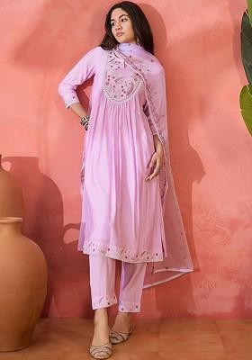 Pink Embroidered Blended Kurta Set