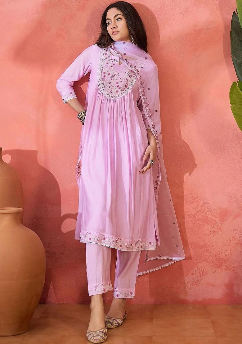 Pink Embroidered Blended Kurta Set - Indya