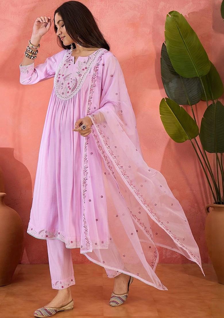 Pink Embroidered Blended Kurta Set - Indya