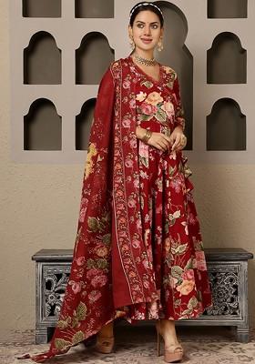Maroon Printed Blended Kurta Set
