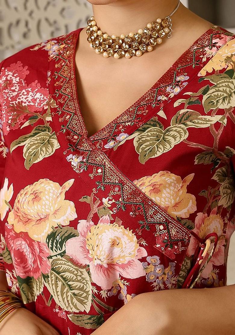 Maroon Printed Blended Kurta Set - Indya