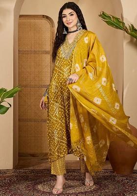 Mustard Embroidered Blended Kurta Set